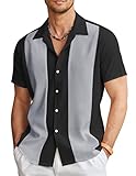 COOFANDY Men's Retro 5s Bowling Shirts Casual Button Down Short Sleeve Hawaiian Shirts Black Dark Gray