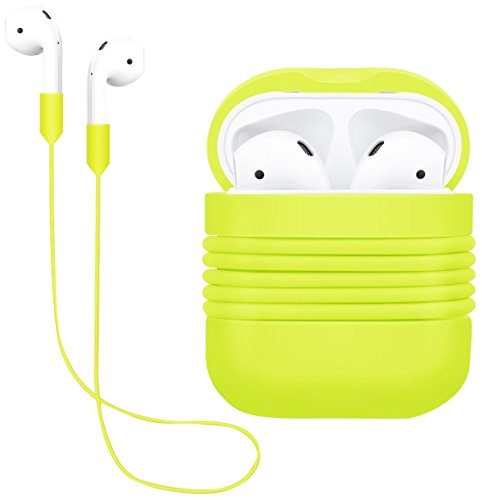 Yometome AirPods Case, Shockproof Silicone Protective Cover Apple Wireless Earbuds Accessories Skin with Earphone Sports Anti-lost Strap for Apple Airpods Charging Skin Ear HookCase Fluorescent Green