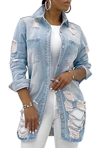 sexycherry Denim Jacket for Women Long Sleeve Classic Trucker Jeans Long Coat Outwear with Pockets