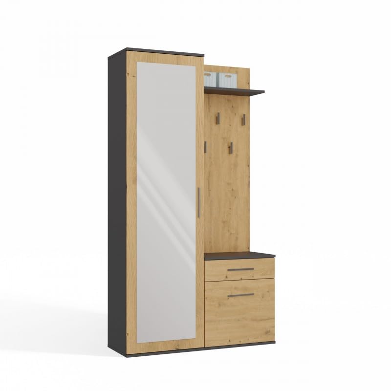 CDF Armoire Entrée Miroir Coulissant Porte-Manteau Panneau Crochets Chaussures Vestes Tiroir, Meuble Hall Couloir Rangement Design Bicolore Anthracite Artisan...