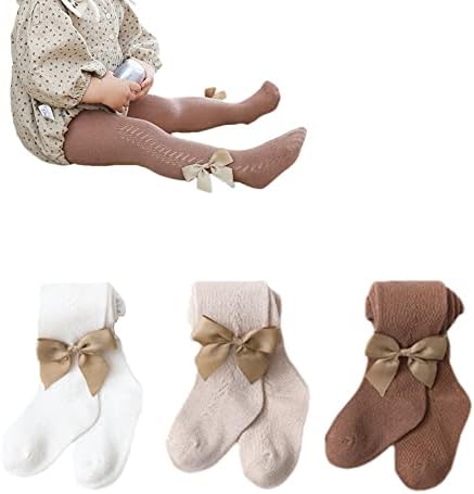 WATOCHE Baby Girl Tights 3 Pack Cable Knit Mesh Lace Leggings Stockings Bowknot Cotton Pantyhose for Toddlers(Bow,12M)
