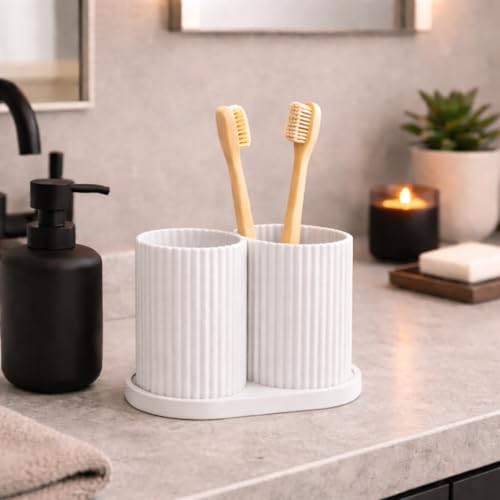 Image of Aesthetic Toothbrush Holder for Bathroom, Dual Cup Ribbed Design, Toothbrush & Toothpaste Organizer Stand, Modern Bathroom and Stationery Accessories Holder (White)