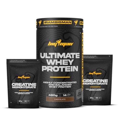 Pack BigMan Ultimate Whey Protein 420 gr + Creatina 180 gr | Proteína de suero de leche en polvo, Desarrollo de Masa Muscular y Recuperación, Fuerza, Resistencia. (420 gr, Fresa)