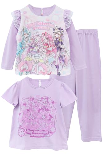 [カイタックファミリー] 名探偵プリキュア！ キッズ 光る パジャマ 2トップス 長袖 半袖 フリル 春 秋 夏 (130cm, ラベンダー)