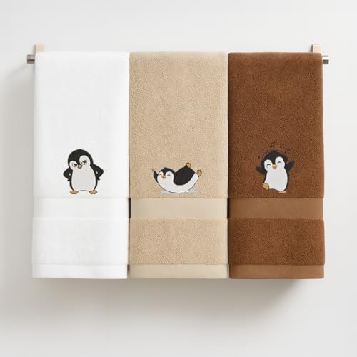 EMBORIX-FILL 3Pcs 100% Cotton Embroidered Decorative Hand Towels, Penguin Soft Absorbent Bathroom and Kitchen Towels, Penguin Bathroom Decor, Penguins Lover Gift for Women 15.75 x 31.5 Inches