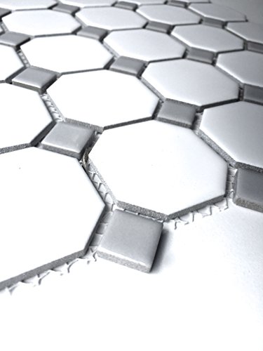 Squarefeet Depot Retro Octagon Porcelain Mosaic Floor and Wall Tile, 12\" x 12\", Matte White and Gray Dot Mixed