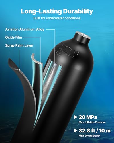 VEVOR Mini-Tauchflasche 2 L, Tragbare Lungenflasche für Unterwasseratmung, Wiederverwendbare Sauerstoffflasche für bis zu 35 Minuten Tauchzeit, Tauchausrüstung mit Rucksack & Tasche
