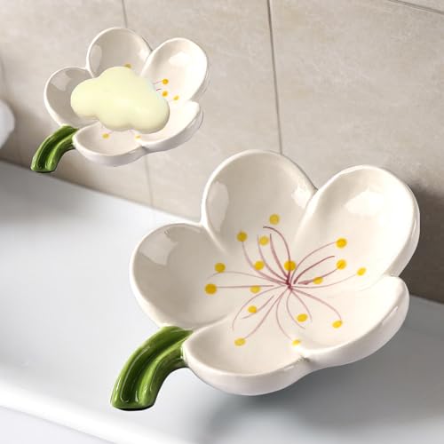 MZSX Ceramic petals Soap Dish, White Ceramic Soap Dish with Elegant Patterns, Self Draining Soap Holder, for Shower Bathroom, Kitchen, Sink, Ceramic Tray Holder Holder Soap Bar( Petals)