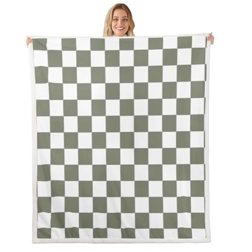 Image of Erosebridal White Sage Green Checkered Fleece Bed Blanket Buffalo Plaid Grid Throw Blanket Queen 90 inchX90 inch for Kids Adults Men Women Checkerboard Sherpa Blanket Aesthetics Gingham Flannel Blanket