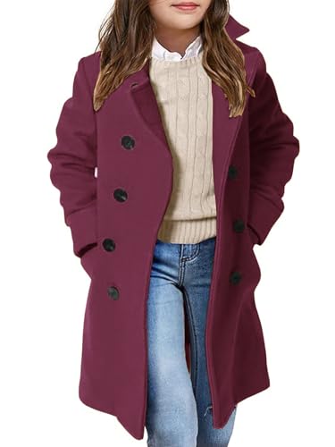 Image of Girls Coat Double Breasted Notched Collar Wool Blend Long Trench Coat Winter Warm Peacoat Dress Coat with Pockets