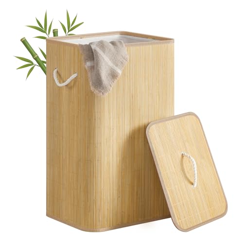 SONGMICS Cesto para Ropa con Tapa, 90 L, Recogedor de Ropa de Bambú, Rectangular, con Asas, Plegable, Bolsa Extraíble y Lavable a Máquina, Natural LCB077YZ01