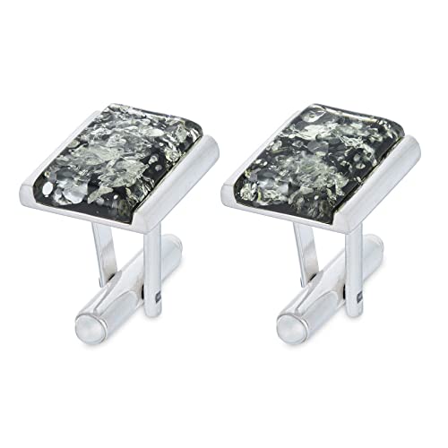 AMBEDORA Gemelos de Plata Para Hombre Green Tinos con Ámbar, Forma Rectangular Moderna, Plata De Ley Brillo, Ámbar Verde Natural
