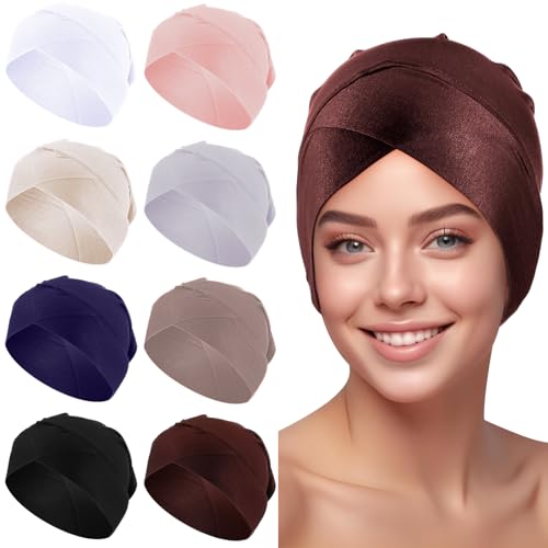 Cuffbow 8 Pcs Islamic Muslim Under Scarf Hijab Cap Solid Color Under Scarf Hat Stretchy Hijab Undercap for Turban Head Wraps