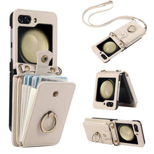 Asuwish Phone Case for Samsung Galaxy Z Flip 5 5G 2023 Wallet Cell Cover with Crossbody Strap Ring Stand RFID Credit Card Holder Leather Accessories ZFlip5 Z5 G Flip5 5Z Women Men Girls Beige