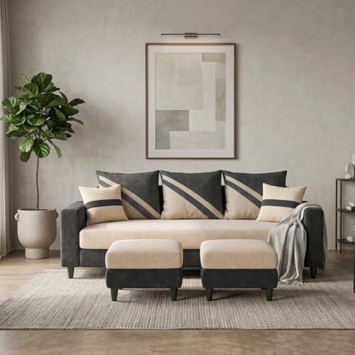 Image of SLEEPIFY Covelle 3 Seater Sofa Set with 2 Ottoman (Cream - Dark Gray) | Premium Soft Velvet | Plush Comfort Cushions | Modern Living Room Sofa | Spacious Comfortable Seating