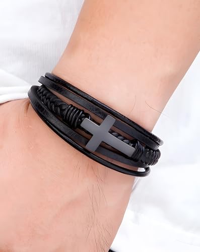 Cross Leather Bracelet for Men, Multi-Layer Braided Mens Religious Cuff Bracelets with Stainless Steel Clasp Anniversary Father's Day Birthday Christmas Jewelry Gifts for Him2