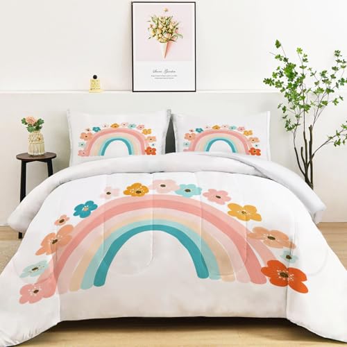 Srigzcaly Edredón Estampado 3D Suave y Transpirable | Flores arcoíris Dibujos Animados Bohemios, Nórdico Lavable para Todas Las Estaciones, Incluye 2 Fundas de Almohada 50x75 cm, 235x260 Blanco