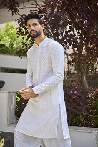 Image of See Designs Mens Kurta - Cotton Regular Fit Embroidered Mandarin Collar Chikankari Kurta