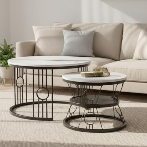 Image of Modern Nested Coffee Table Set of 2 | Round Marble Finish Tabletop with Metal Base | Luxury Center Table for Living Room, Lounge & Office (Ring Black White)