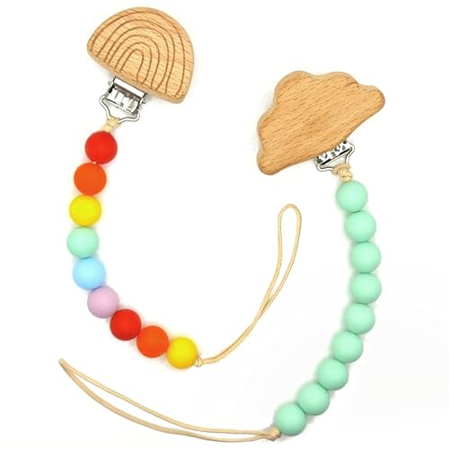 Image of Wood Paci Clips 2 Pack for Baby Girl & Boy, Premium Flexible Bead Design, Universal Fit, Safe Pacifier Holder