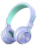 iClever BTH03 Kids Bluetooth Headphones Safe Volume, Colorful LED Lights, 25H Playtime, Stereo Sound Mic, Bluetooth 5.0, Foldable, On Ear Kids Wireless Headphones for Tablet (Light Purple)