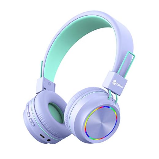 iClever BTH03 Kids Bluetooth Headphones Safe Volume, Colorful LED Lights, 25H Playtime, Stereo Sound Mic, Bluetooth 5.0, Foldable, On Ear Kids Wireless Headphones for Tablet (Light Purple)