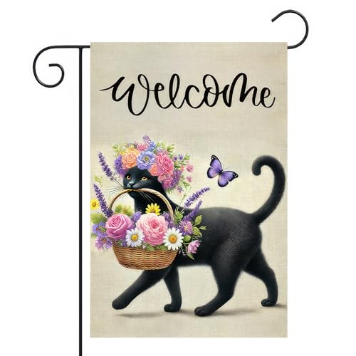 BlissYard Welcome Garden Flag 12x18Inch Black Cat and Flower Basket Decor