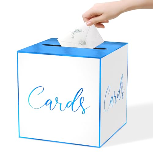 Image of White Card Box for Party, 8.7 inch Blue Foil Gift Cards Receiving Box Holder for Wedding, Bridal Shower, Graduation, Birthday, Retirement, Baby Shower, Anniversaries Party Decorations