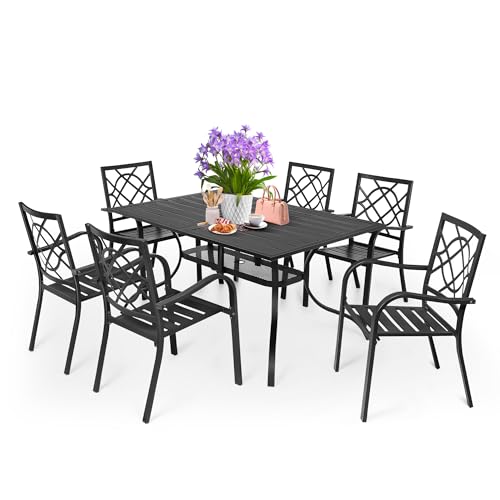 SUNCROWN 7-Piece Outdoor Wrought Iron Chairs and Table Patio Dining Furniture Set - 6 Stackable Metal Chairs, 1 Steel Slat Bistro Table for Garden Backyard Deck