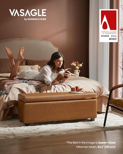 Image of VASAGLE EKHO Collection - Storage Ottoman Bench, Entryway Bedroom Bench, 25 Gallons, Synthetic Leather with Stitching, Mid-Century Modern, Safety Hinges, Loads 660 lb, Caramel Brown ULOM075K01