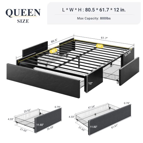 Image of Allewie Queen Size Platform Storage Bed Frame with 3 Drawers, Black
