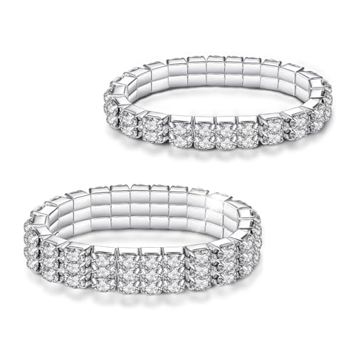 2PCS Rhinestone Stretch Bracelets, LucBuy Twinkle Diamond Tennis Bangle, Crystal Sparkling Bridal Stackable Bracelet Jewelry, Bling Shining Wedding Party Elastic Band Bracelet for Women (Silver)