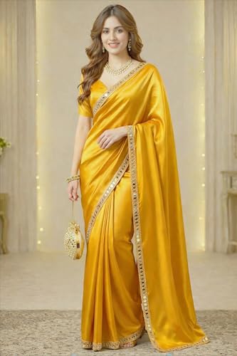 Image of Saree For Women Satin Silk With MIrror Border And Blouse Piece Wear For Party Wedding Farewell Plain Yellow