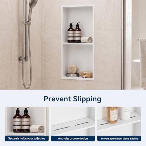 White Shower Niche 12" X 24" No Tile Needed, Niche for Shower Wall Double Shelves Recessed Shower Insert Shelf for Bathroom Storage, Over Mount Installation by Bathfinesse - Image 4