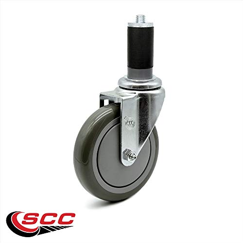 Polyurethane Swivel Expanding Stem Caster Set Of 4 W/5" X 1.25" Gray Wheels And 1-1/2" Stems - Includes 2 With Top Locking Brake - 1400 Lbs Total Capacity - Service Caster Brand #TOP3