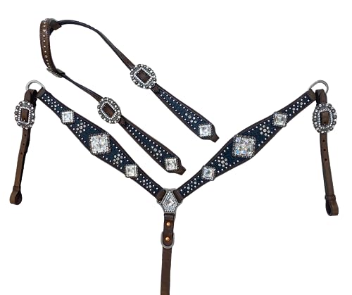 MOUSM Genuine Argentina Cow Leather Headstall Bridle Breast Collar Set - Decorated with Clyster Clear and Nickel Studs on Black Alligator Print