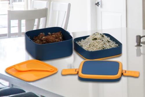 Image of Double-Layer Square Lunch Box with Handle, 2 Compartment Tiffin with Handle & Push Lock, Food Grade Plastic Tiffin Box for Travelling, School (1-pcs)