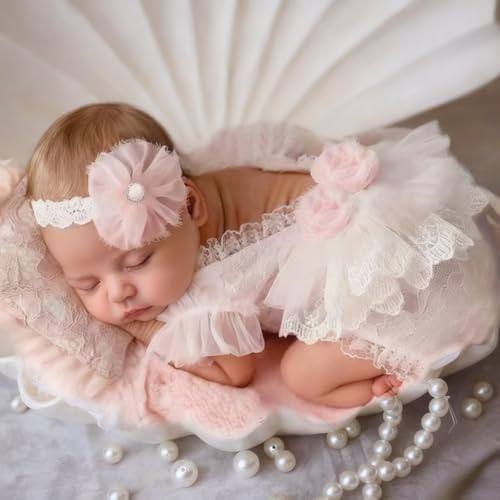 Image of Vomdrok Newborn Photography Props Outfits Princess Baby Girl Pearl Lace Rompers Headdress Infant Baby Girl Photoshoot Costume