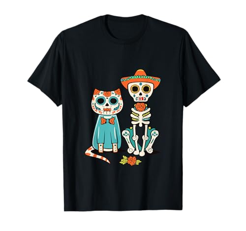Halloween Dia de Los Muertos Sugar Skull Squelette Chiens & Chat T-Shirt