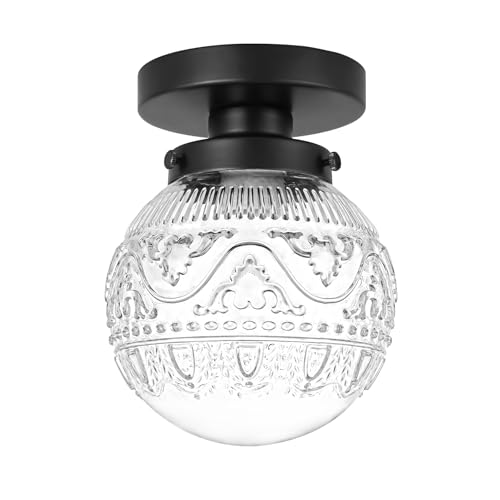 Daunton Semi Flush Mount Ceiling Light Fixtures, Vintage Globe Glass Ceiling Light Fixture, Antique Small Black Hallway Light Fixtures for Bedroom, Closet, Entryway, Bathroom, Kitchen