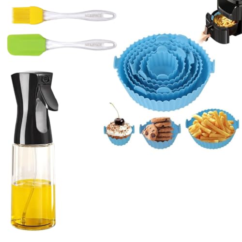 Image of 6 Pcs Round Reusable Silicone Air Fryer Liners Set - Non-Stick Air Fryer Basket, Glass Oil Sprayer Bottle (200ml), Silicone Spatula & Brush, Kitchen Accessories for Microwave Oven & Baking