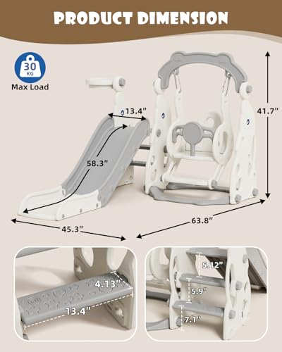 67i Toddler Slide and Swing Set - Indoor/Outdoor Multi-Activity Play System for Ages 1-3, Safe Design with Adjustable Swings & Basketball Hoop, Compact Space Saver (Gray, Without Football) - Thumbnail 2