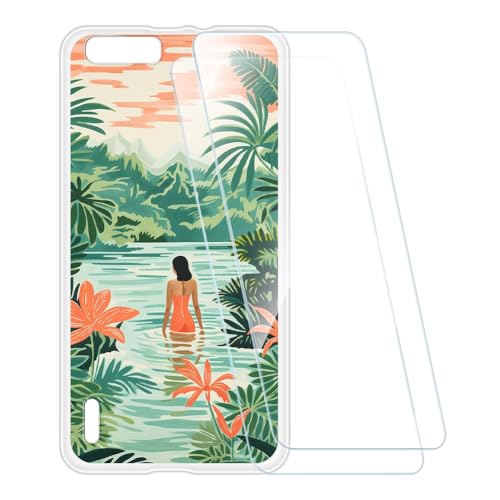 ESACMOT Bedruckte Hülle + 2 Glas Schutzfolie Kompatibel mit Huawei Honor 6 Plus, Stoßfeste Weiche Cover & HD Klare Tempered Glass Folie (Schwimmende)