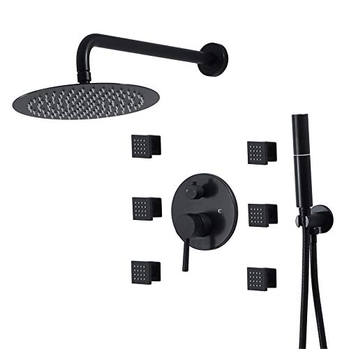 Système de douche noir mat haut de gamme avec ciel de pluie et jets massants