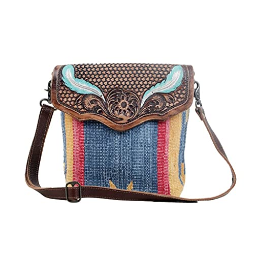 Myra Bag Blue Feather Hand-Tooled Bag Upcycled Cotton & Leather S-3058