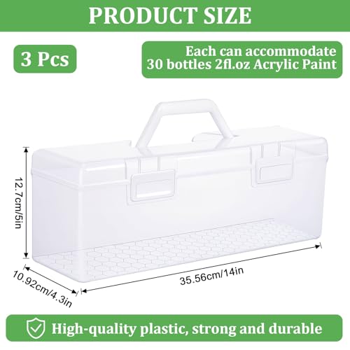 Image of 3 Pcs Paint Storage Box for 2 Fl. oz Acrylic Paints, Acrylic Portable Craft Art Organizer with Handle, 30 Bottles Capacity Plastic Art Supply Clear Boxes