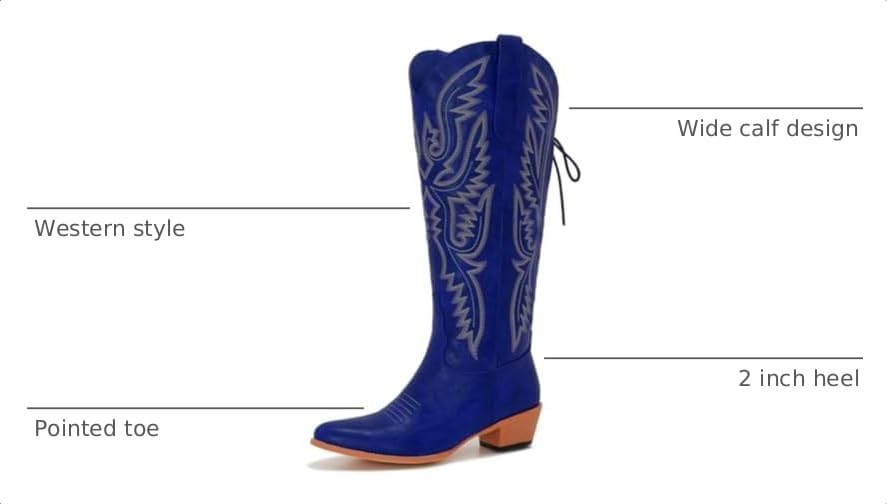 Image of Uillnoodu Wide Calf Cowboy Boots Women Adjustable Lace Up Knee High Tall Plus Size Cowgirl Boots Western Style Comfortable 2-Inch Heel