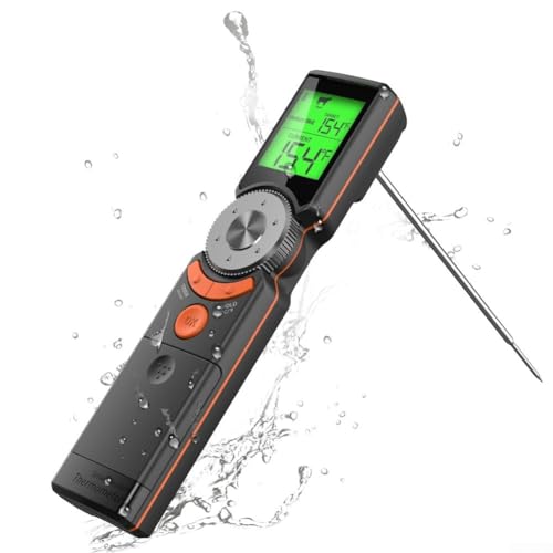 HEBEOT Thermomètre de cuisine intelligent avec sonde pliable et écran LCD rétroéclairé pour barbecue et nourriture, viande, bœuf, agneau, dinde, porc, poulet, étanchéité IP65 (orange)