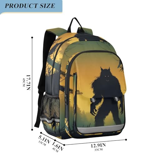 Werewolf Silhouette Kid School Backpack for Boys Girls, Travel Backpack Large Capacity with Reflective Stripe Bookbag 17.7" H2