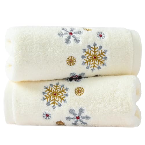 sense gnosis White Hand Towel Set of 2 Premium 100% Cotton Thick Ultra Soft Highly Absorbent Snow Embroidered Luxury Christmas Hand Towels for Bathroom Decorative 13 X 29 Inch